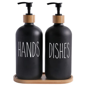 MOMEEMO hands and dishes label glass dispenser with bamboo pump for organized kitchen labeling.