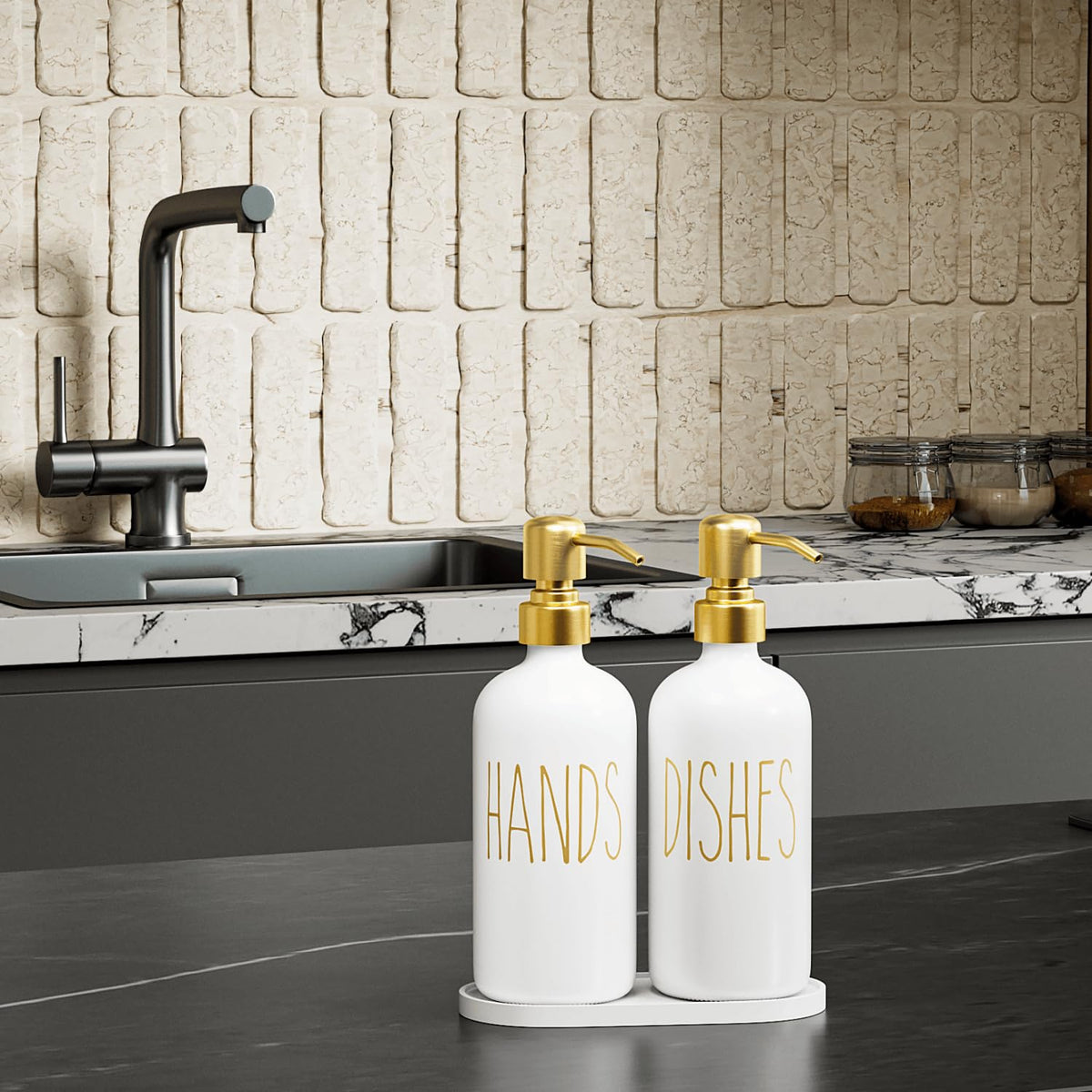MOMEEMO dish soap dispenser with label adds function to sink area.
