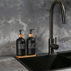 MOMEEMO dish soap tray in bamboo finish keeps counters tidy and decorative.