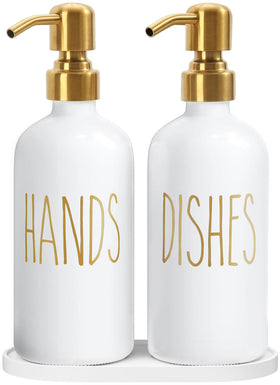 MOMEEMO kitchen soap dispenser set with white glass pump for a tidy counter.