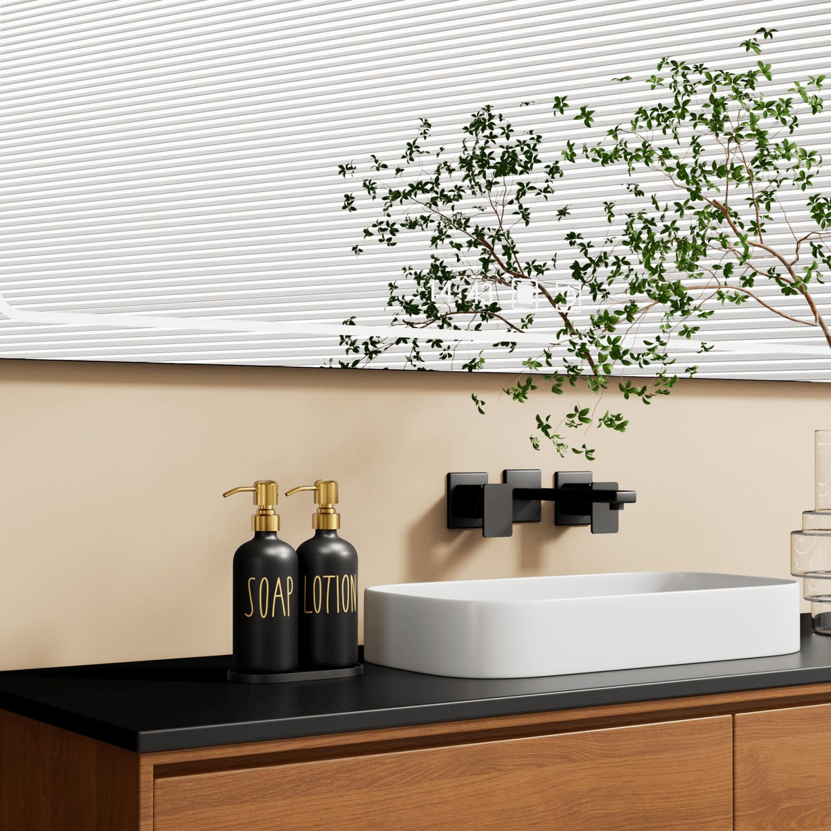 MOMEEMO pump detail in gold highlights refined bathroom accessories.