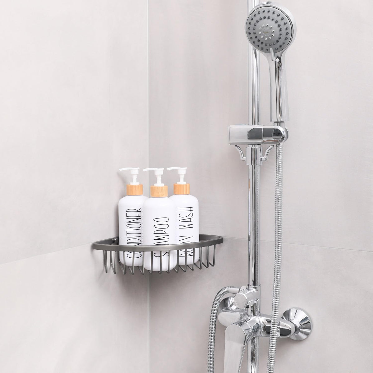 MOMEEMO shower dispenser set shown in a cohesive farmhouse bathroom look.