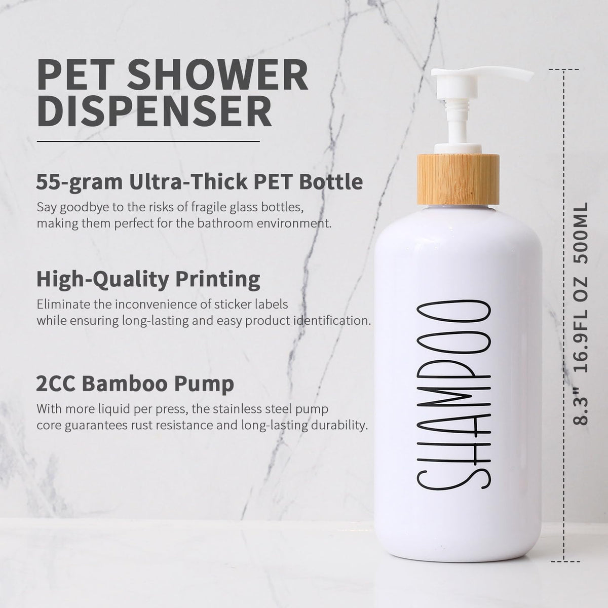 MOMEEMO white body wash dispenser bottle in bright bathroom, tidy routine.