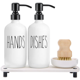 MOMEEMO white soap dispenser set with stainless pumps keeps counters organized.