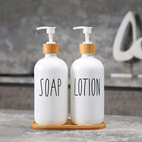 MOMEEMO white lotion dispenser with bamboo pump adds warm farmhouse charm.