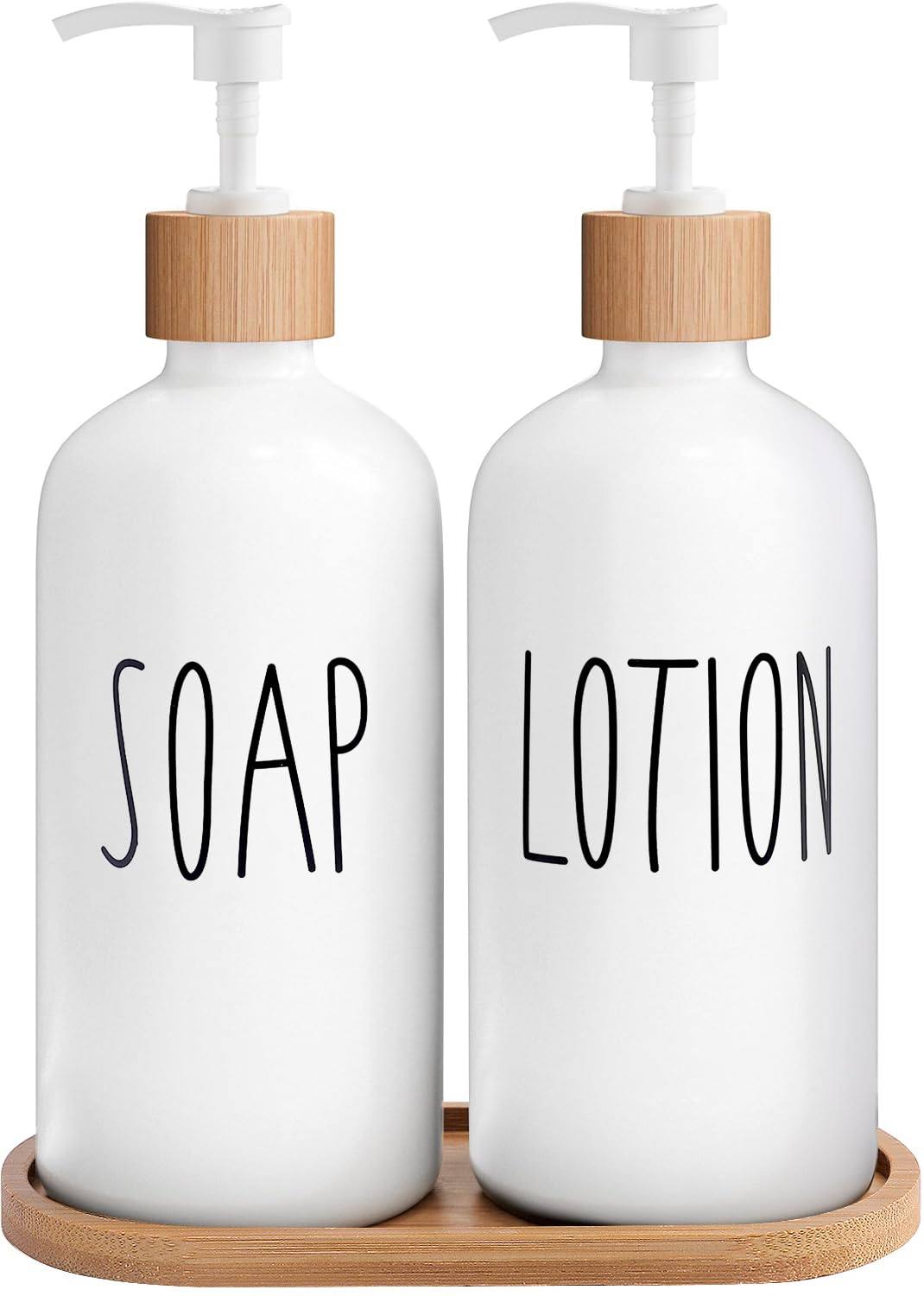 MOMEEMO white soap dispenser with bamboo pump for stylish bathroom organization.
