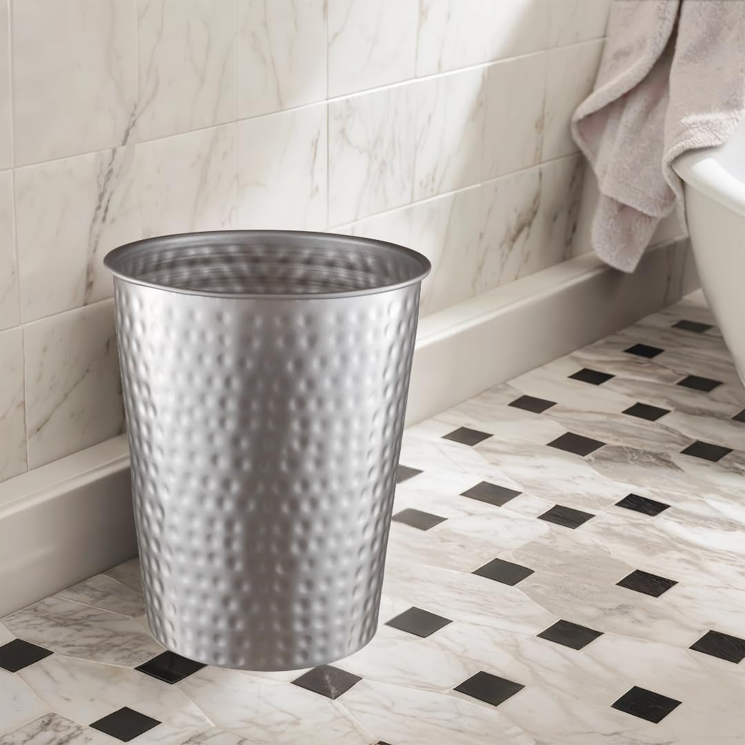 Monarch Abode durable metal wastebasket highlights a rust-proof design for daily use.