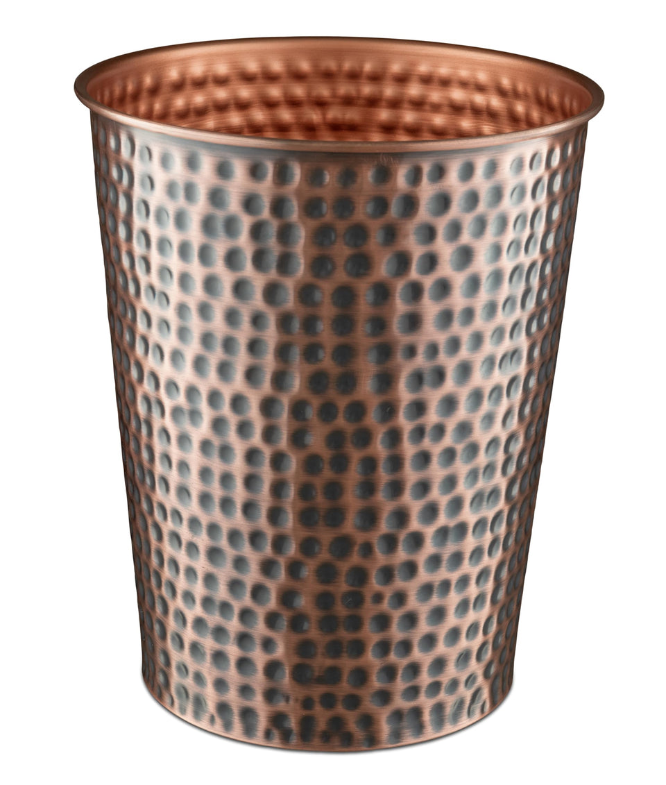 Monarch Abode hand hammered metal trash can front view for stylish waste disposal