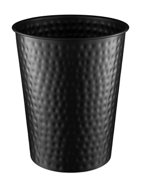 Monarch Abode hand hammered metal wastebasket close-up texture for stylish trash disposal.