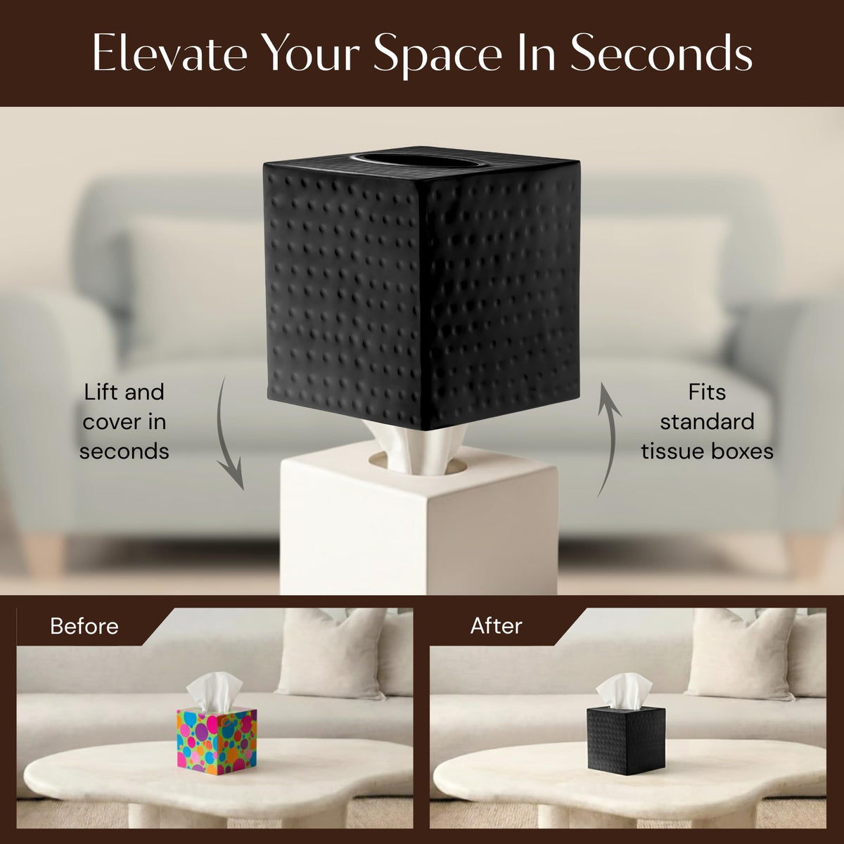 Monarch Abode open-bottom square tissue box cover enables quick refills