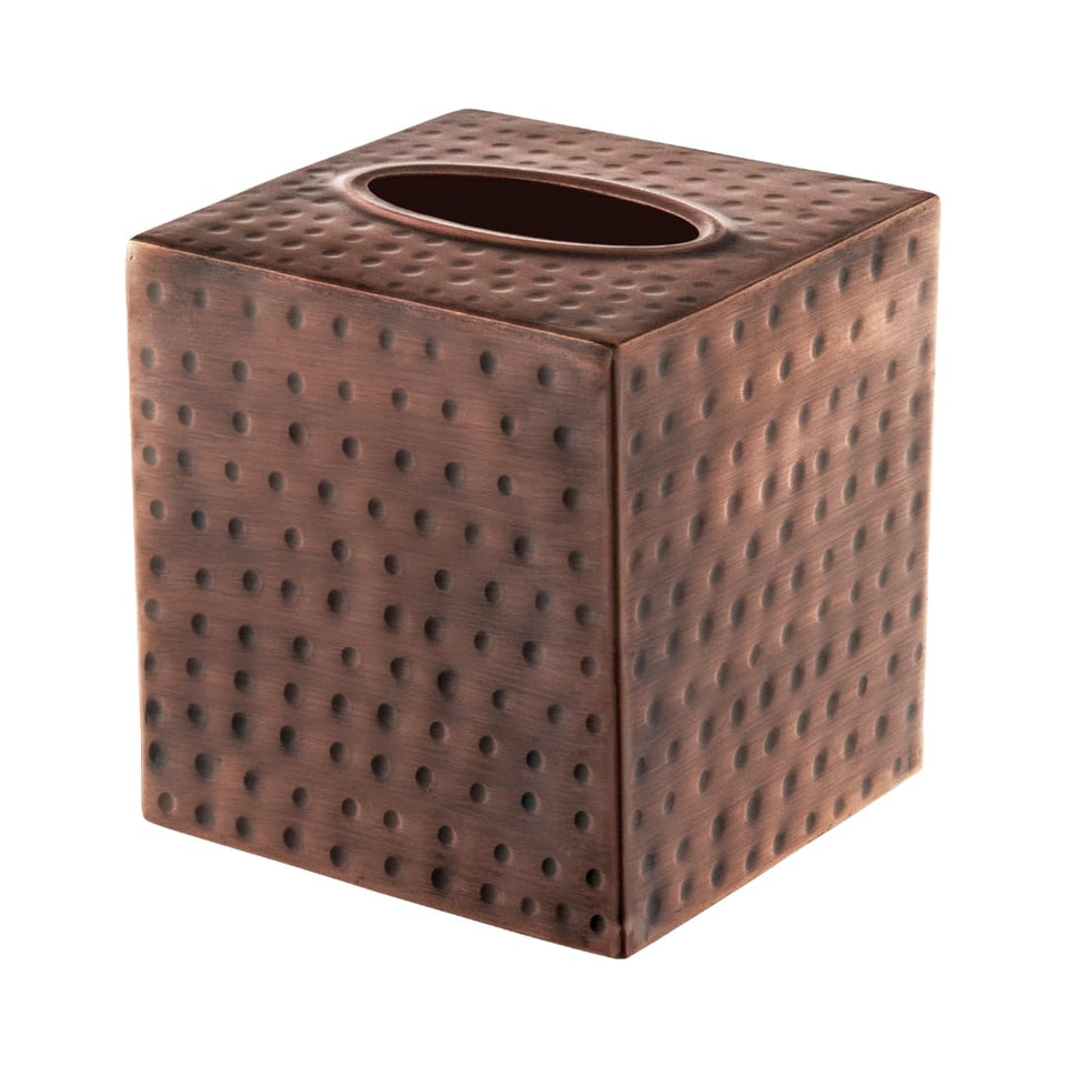 Monarch Abode hand hammered antique copper tissue box cover on vanity for elegant storage