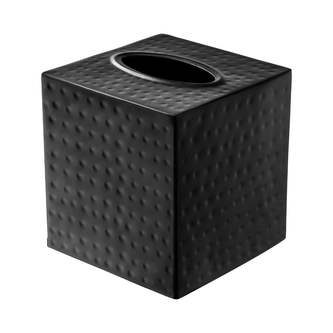 Monarch Abode hand hammered black square tissue box cover neatens bathroom vanity