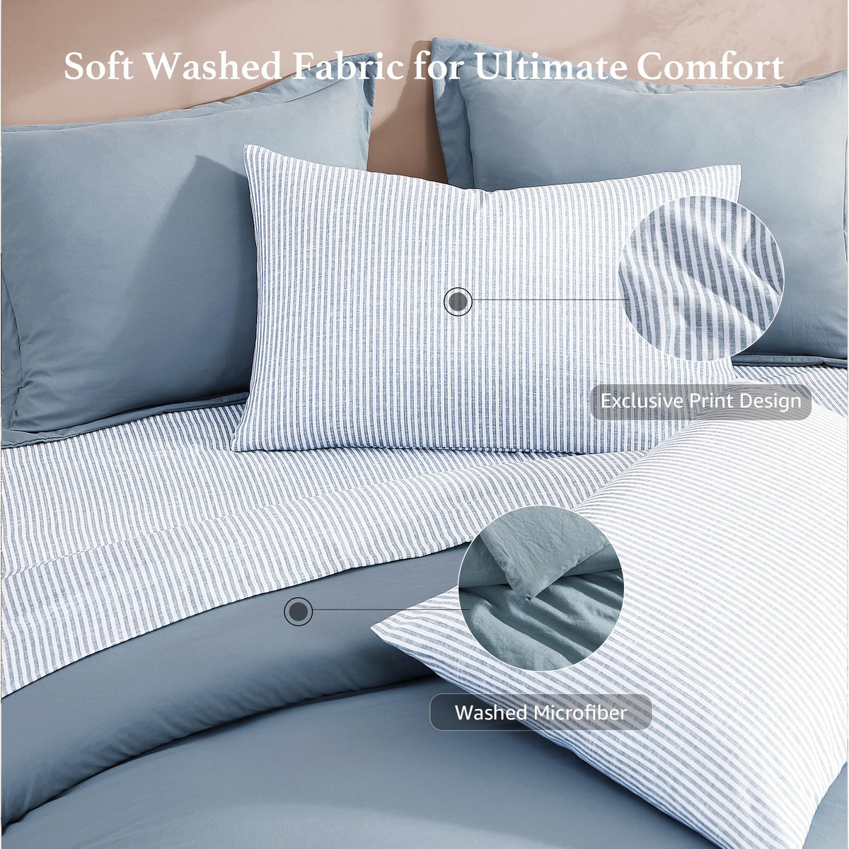 Monbix bed-in-a-bag in dusty blue highlights cohesive bedding aesthetic.