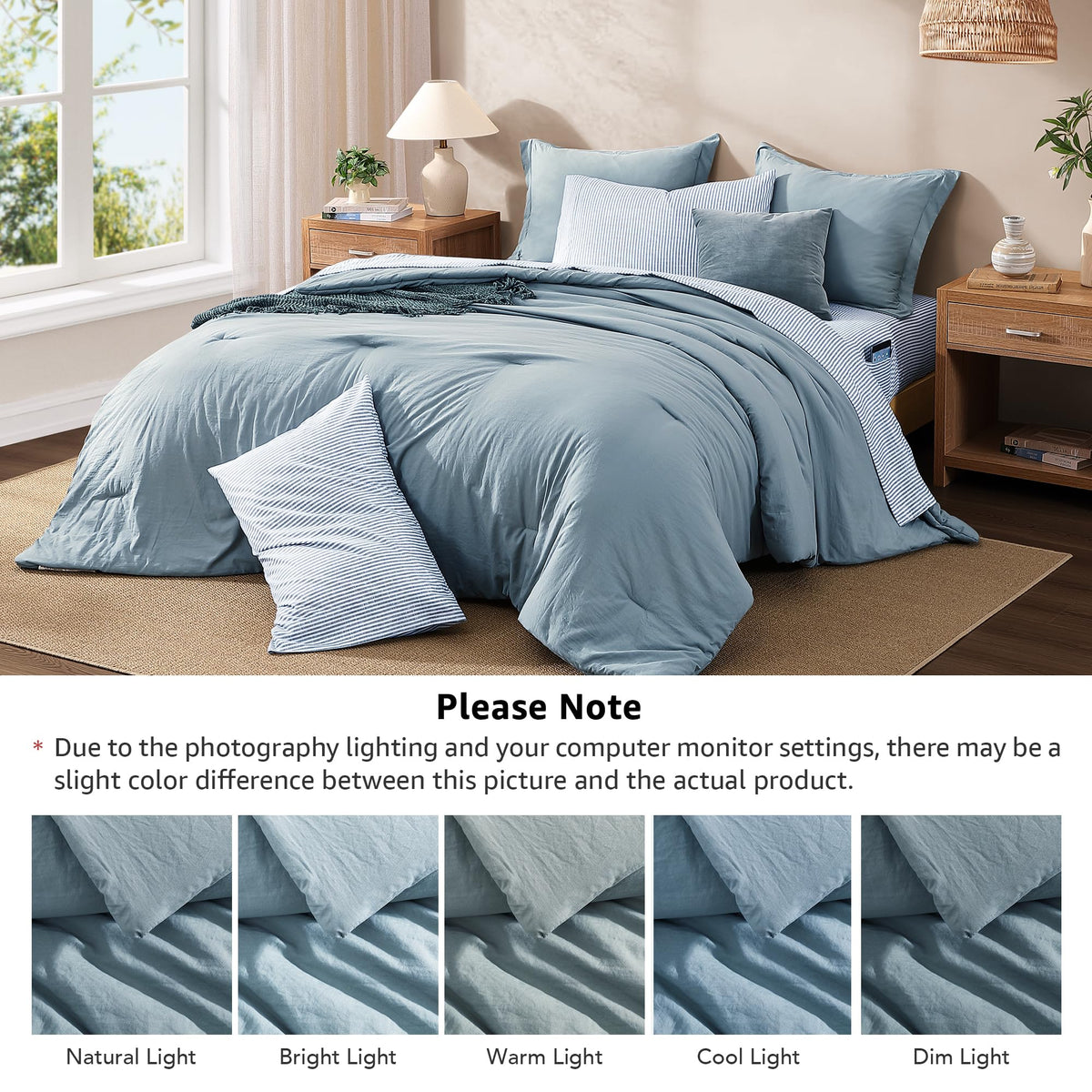 Monbix all-season bedding setup in a cozy dusty blue bedroom.