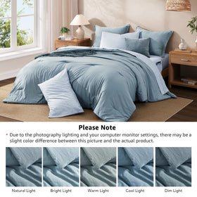 Monbix all-season bedding setup in a cozy dusty blue bedroom.