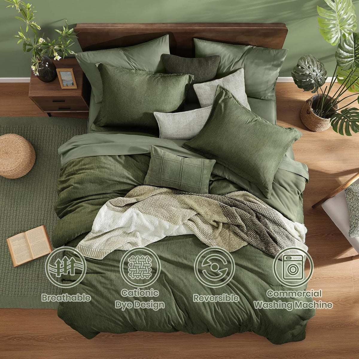 Monbix bed-in-a-bag layout displaying olive green color with balanced weight and loft