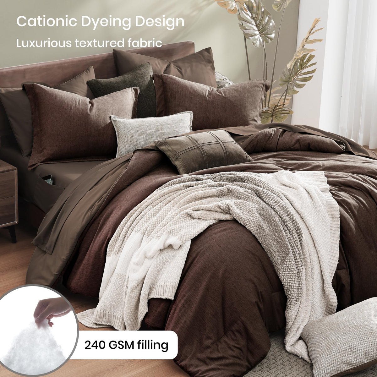 Monbix comforter loft closeup highlights fluffy, high-loft filling.