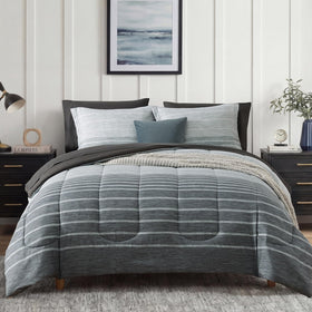 Monbix full-size comforter set in grey stripes for year-round comfort.