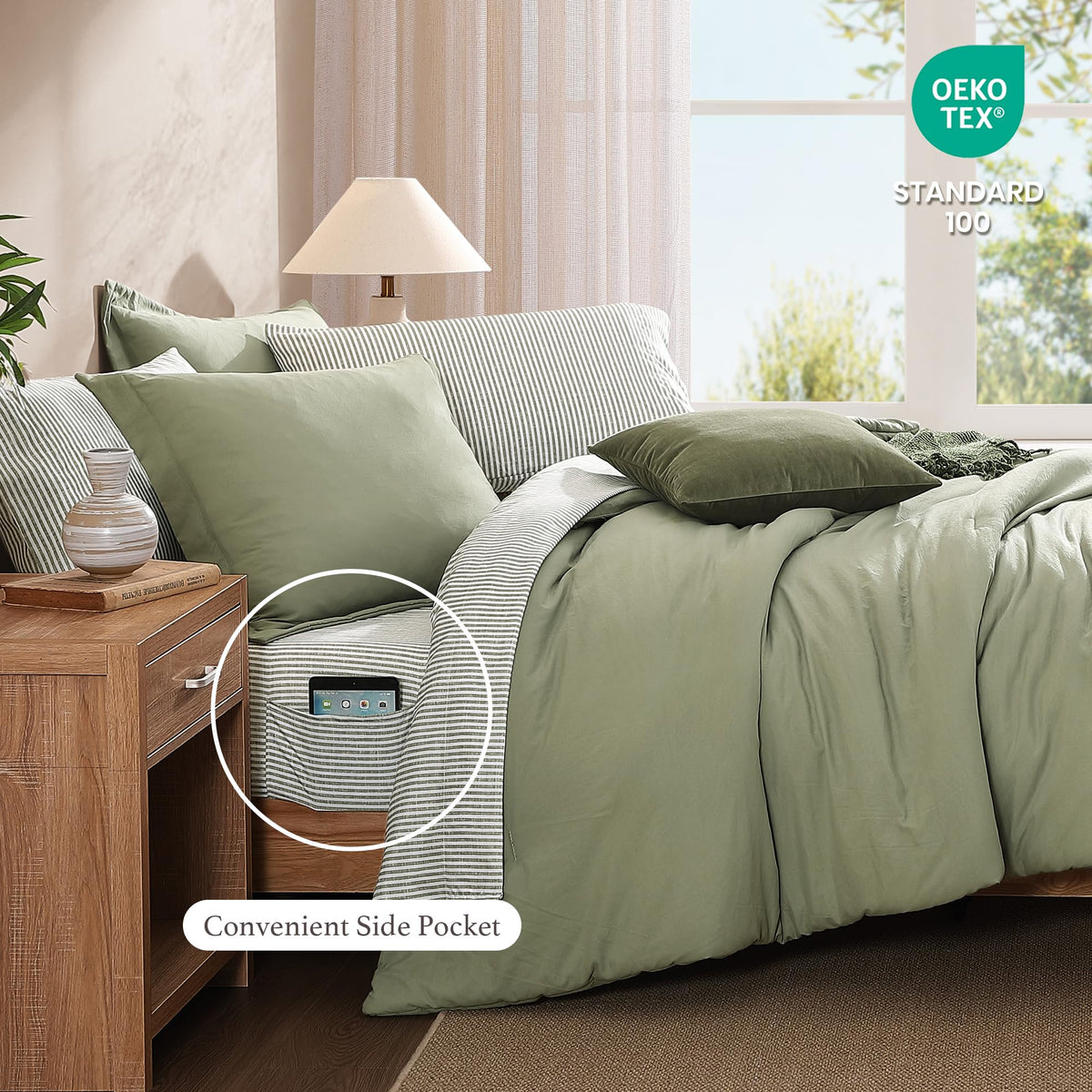 Monbix Green Queen Bedding visual highlights eco-friendly vibe and versatile all-season styling.