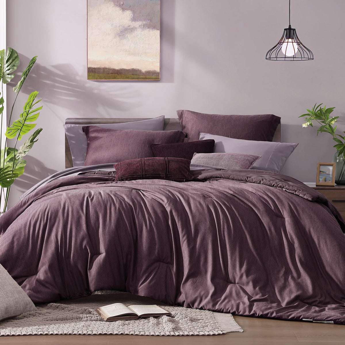 Monbix Italian Plum King comforter offers cloud-like warmth for year-round coziness.