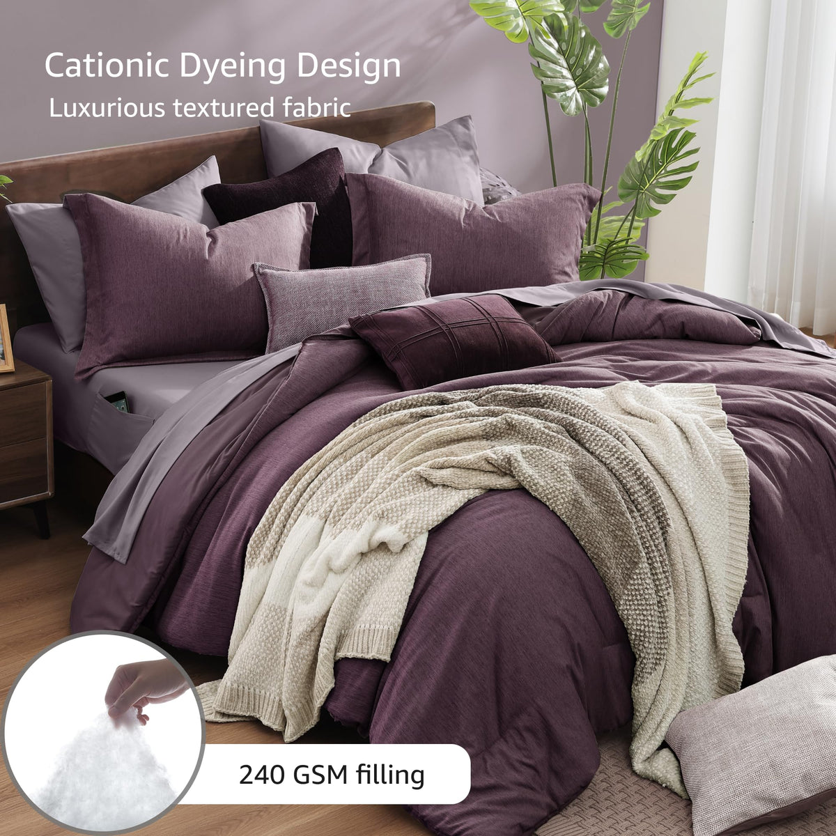 Monbix Italian Plum King fitted sheet ensures snug fit and wrinkle-free nights.