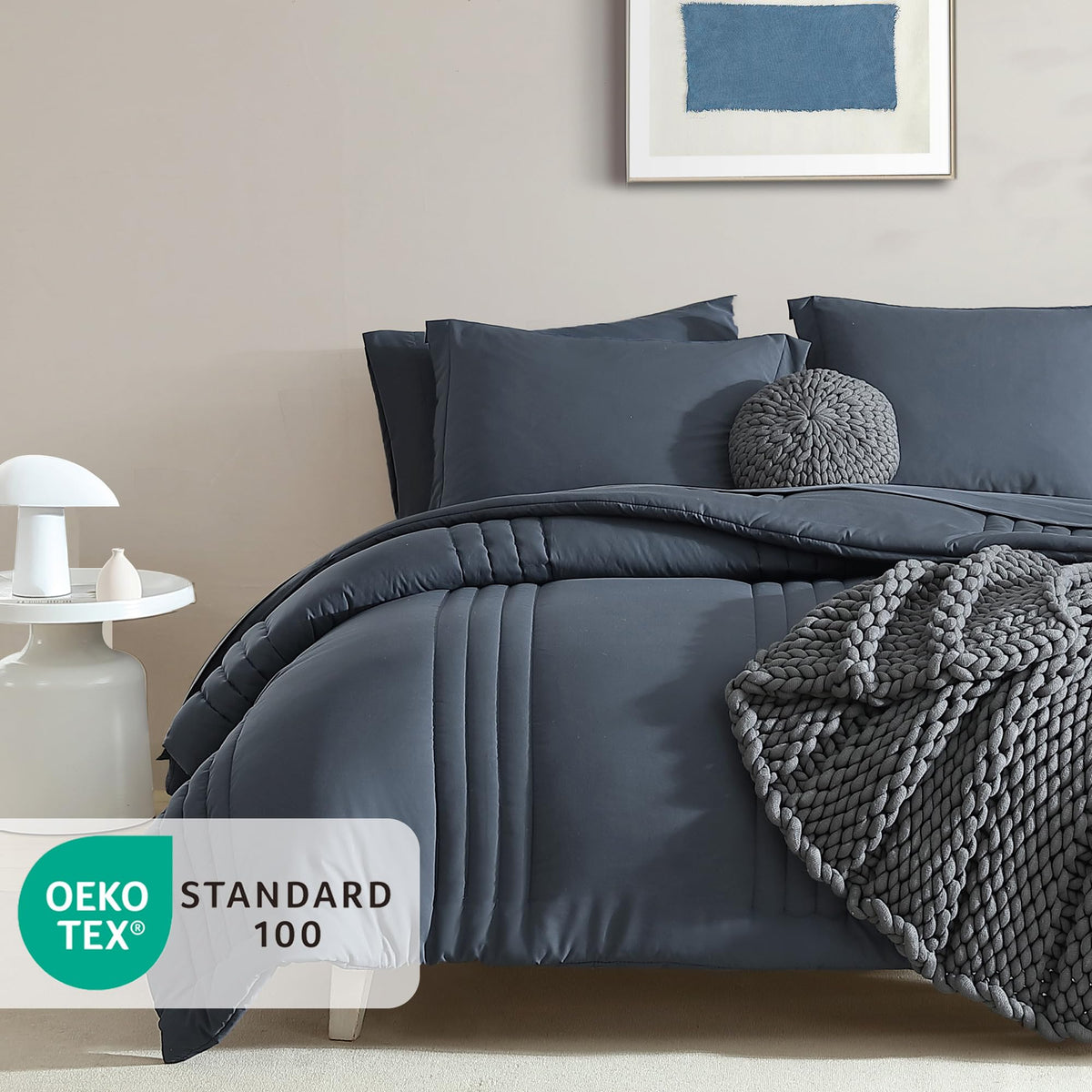 Monbix King Size Comforter Set blue-gray close-up shows plush filling