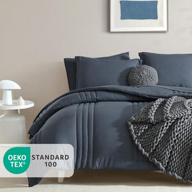 Monbix King Size Comforter Set blue-gray close-up shows plush filling