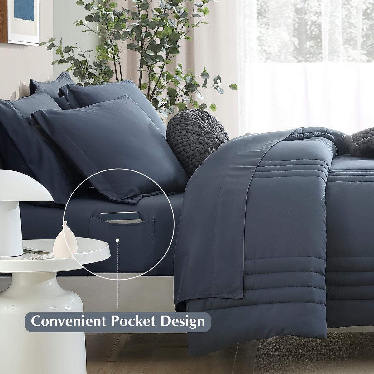 Monbix King Size Comforter Set blue-gray fitted sheet demonstrates easy care