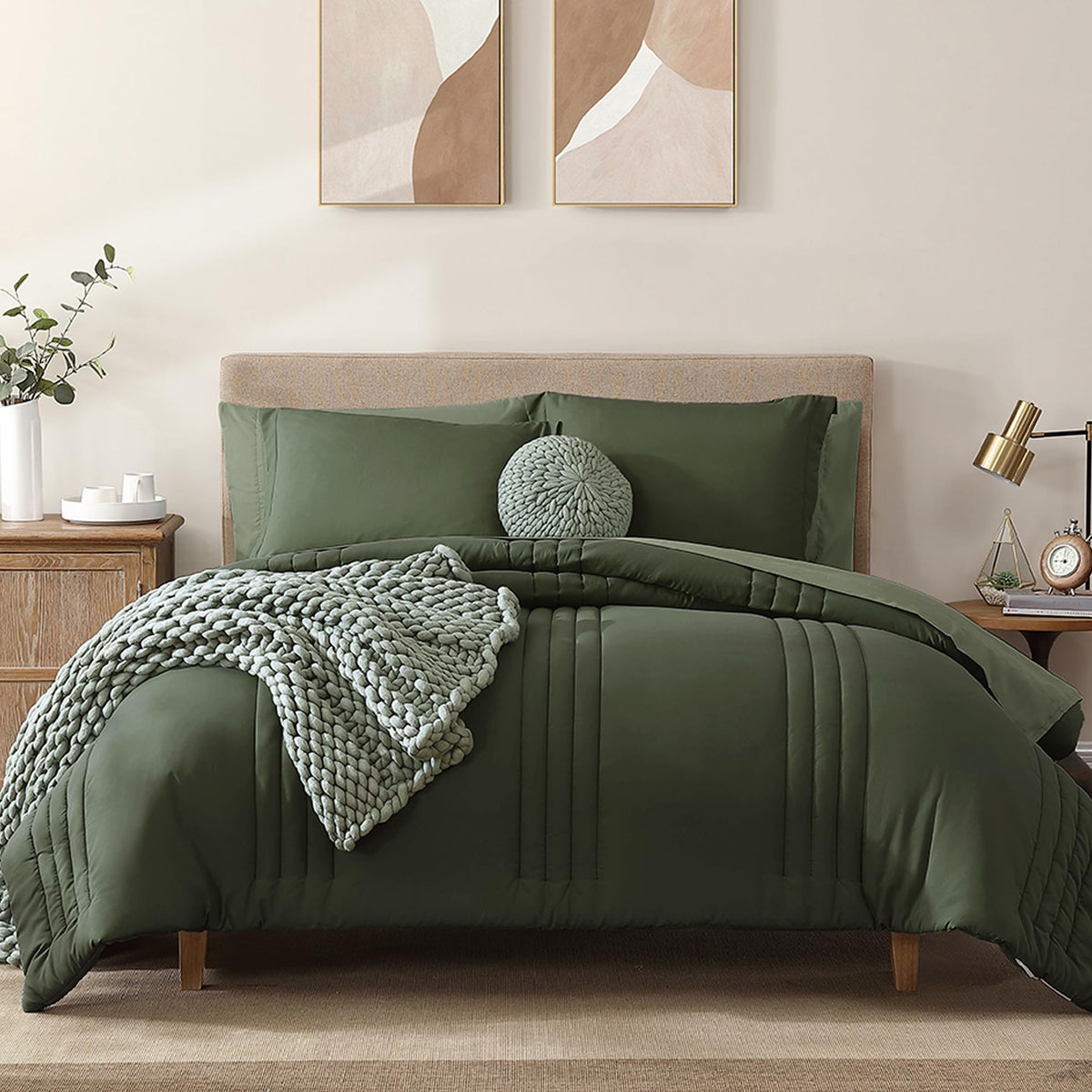 Monbix king-size comforter set in olive green, all-season warmth.