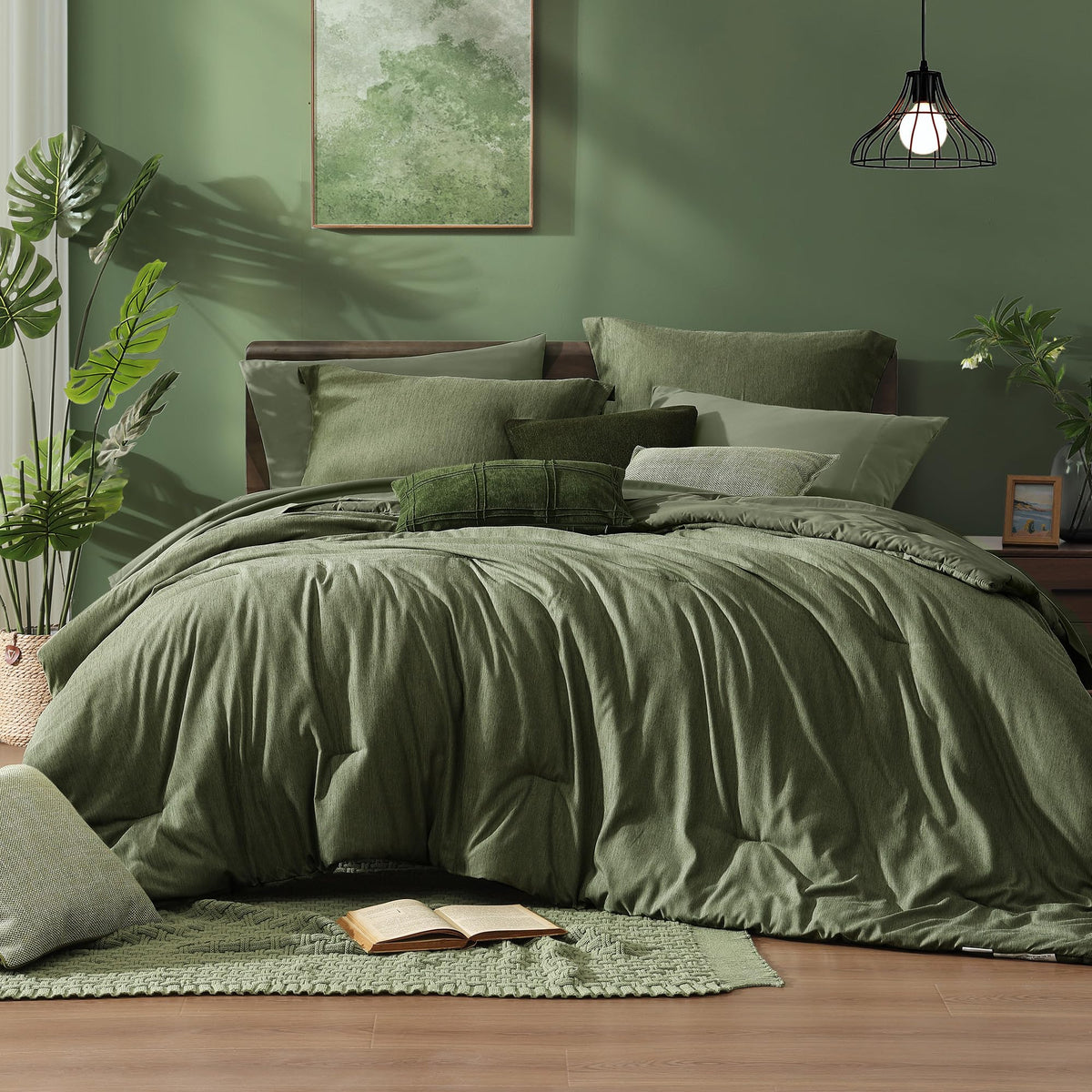 Monbix olive-green comforter on full bed highlighting plush warmth and color