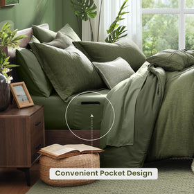 Monbix olive-green shams adding decorative support and finish