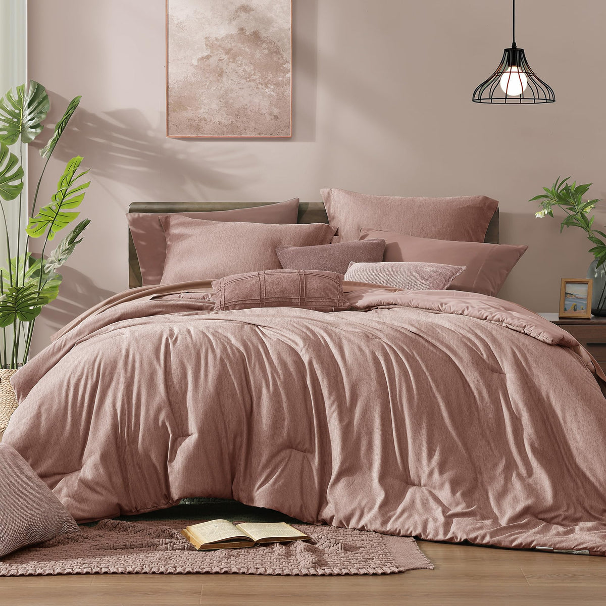 Monbix queen comforter in dusty pink with cloud-like loft for cozy year-round warmth.