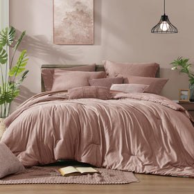 Monbix queen comforter in dusty pink with cloud-like loft for cozy year-round warmth.