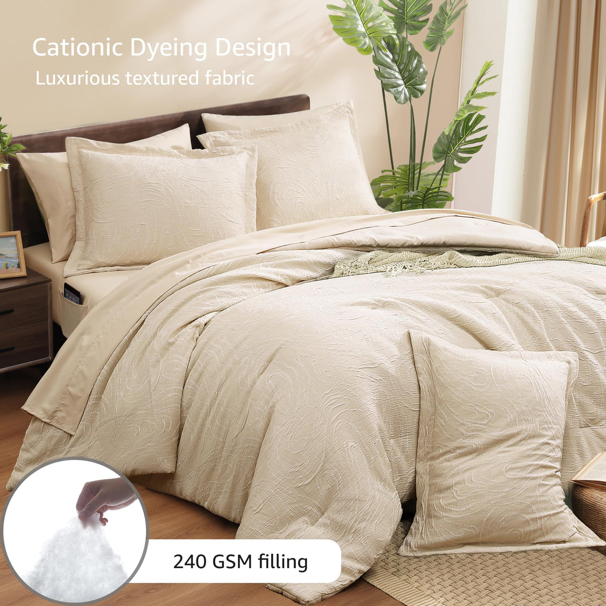 Monbix queen comforter flat lay showcases Birch Marble pattern and versatile year-round use