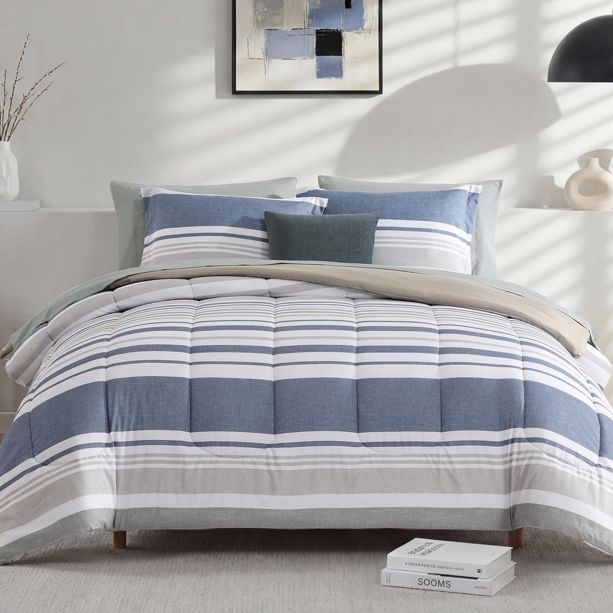 Monbix Queen Comforter with ocean blue stripe for year-round coziness.