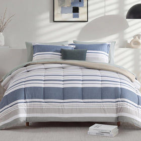 Monbix Queen Comforter with ocean blue stripe for year-round coziness.