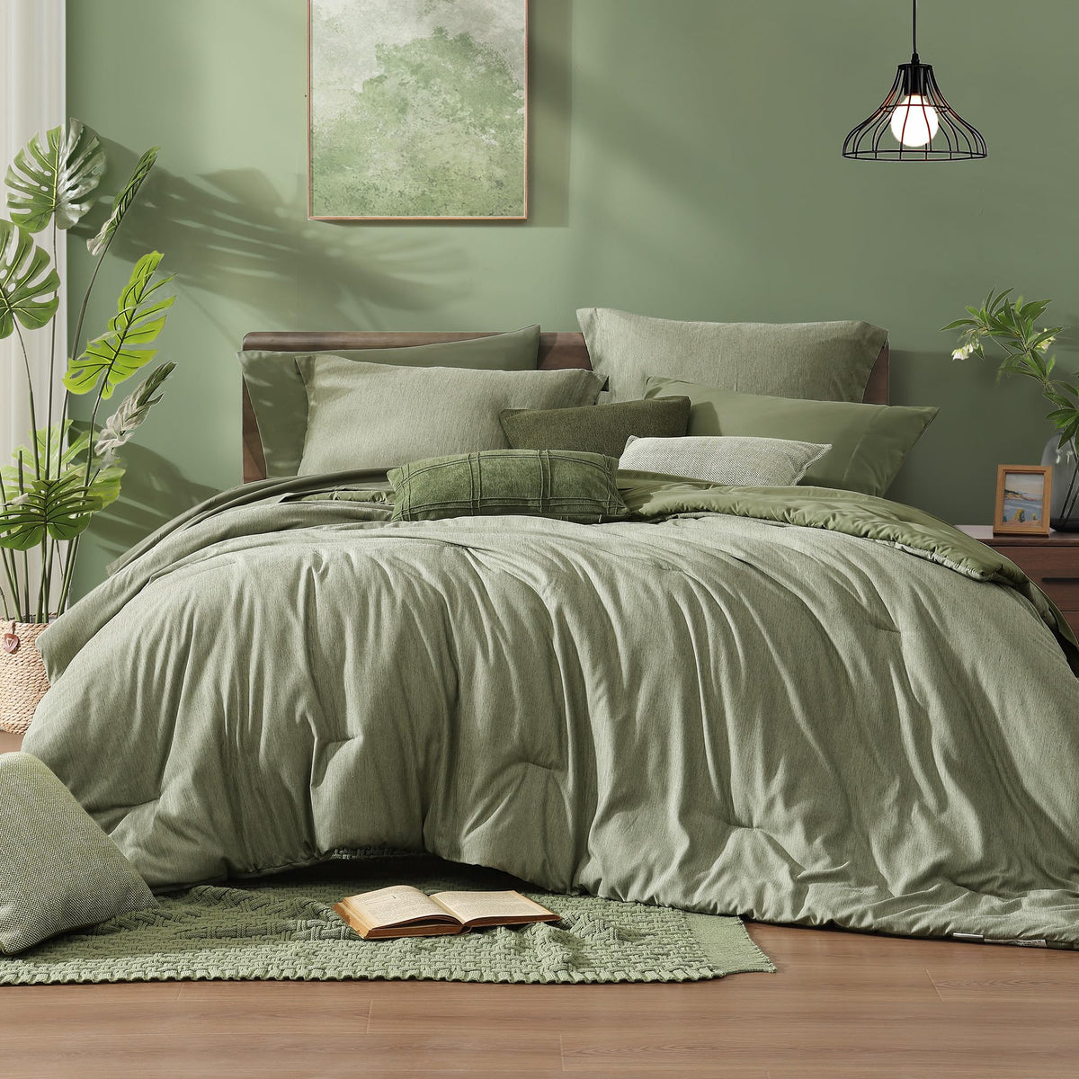 Monbix Queen Comforter Set in sage green with cloud-like loft for all-season comfort