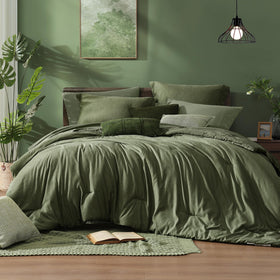 Monbix Queen Comforter Set packaging highlights premium cationic dyeing for vibrant olive green color.