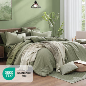 Monbix shams in sage green completing a coordinated, reversible look