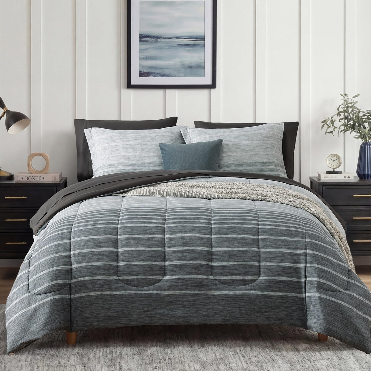 Monbix Queen Comforter Set striped pattern for year-round coziness