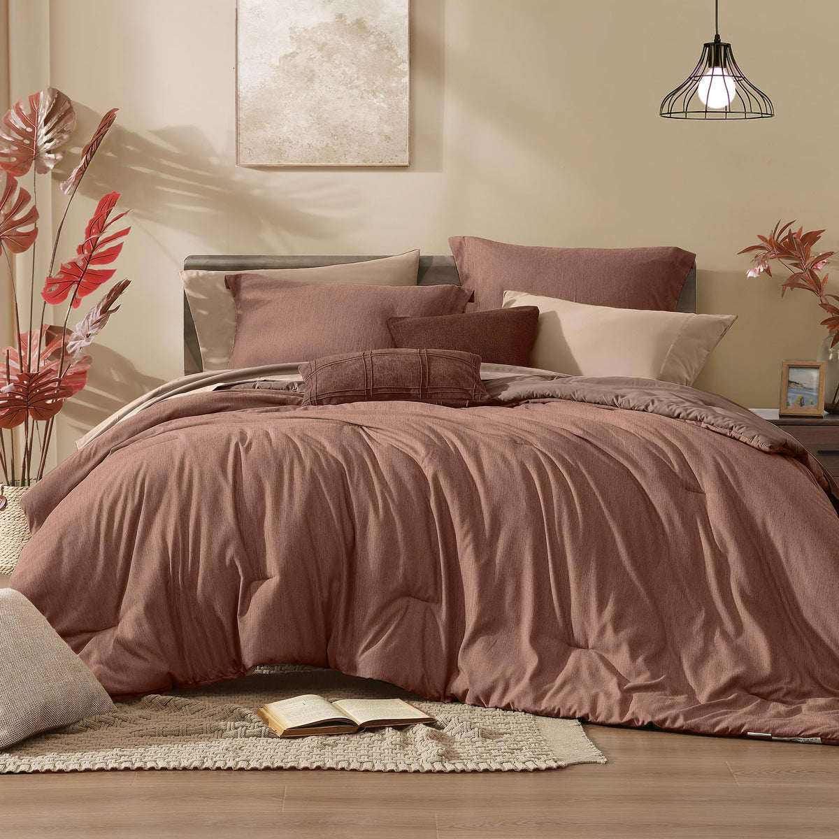 Monbix Queen Comforter Set in vacuum-pack packaging for easy storage and quick setup.