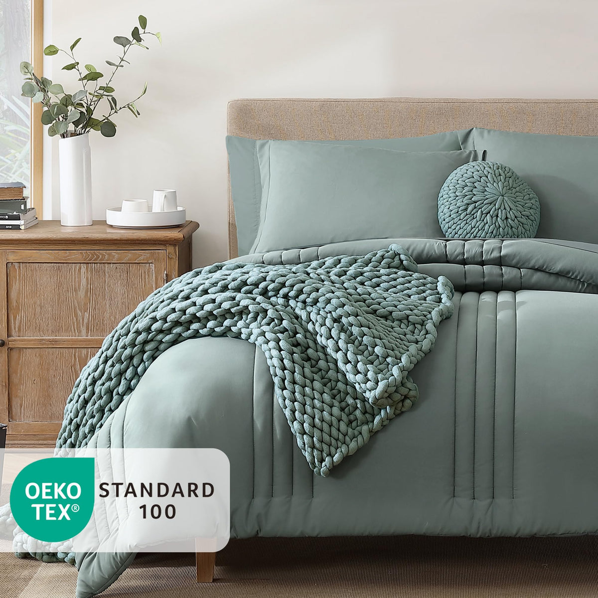 Monbix Queen fitted sheet in sage, secure fit and smooth feel for neat nights.
