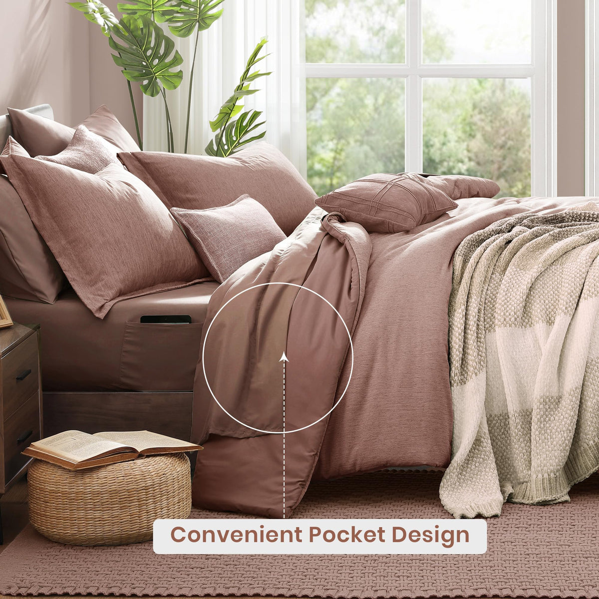 Monbix queen shams in dusty pink completing a coordinated bed setup.