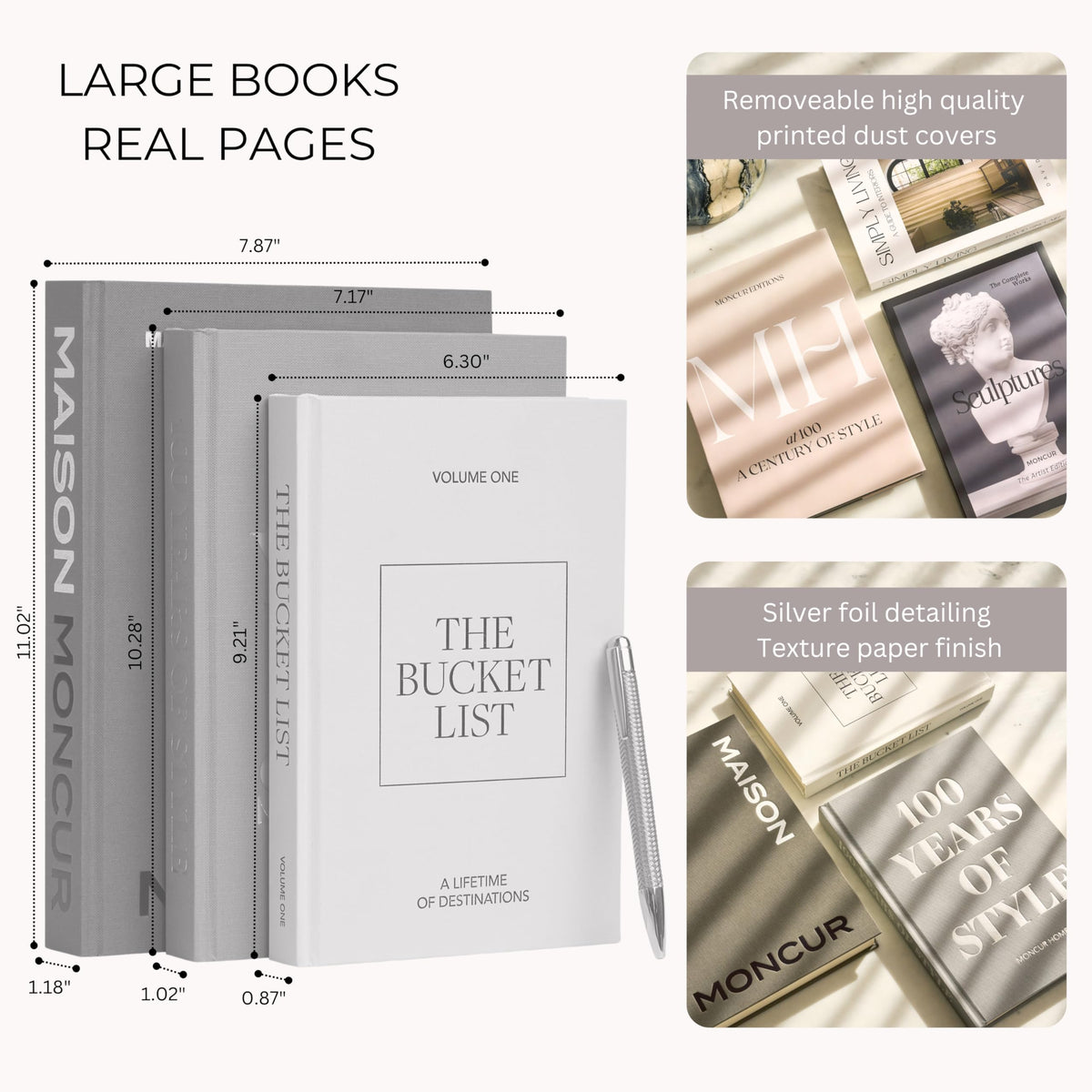 Curated sizes form a layered, designer book stack for stylish room staging.