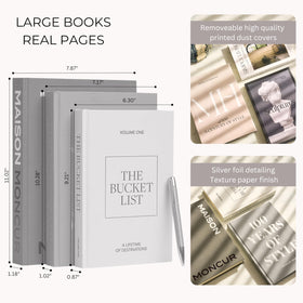 Curated sizes form a layered, designer book stack for stylish room staging.