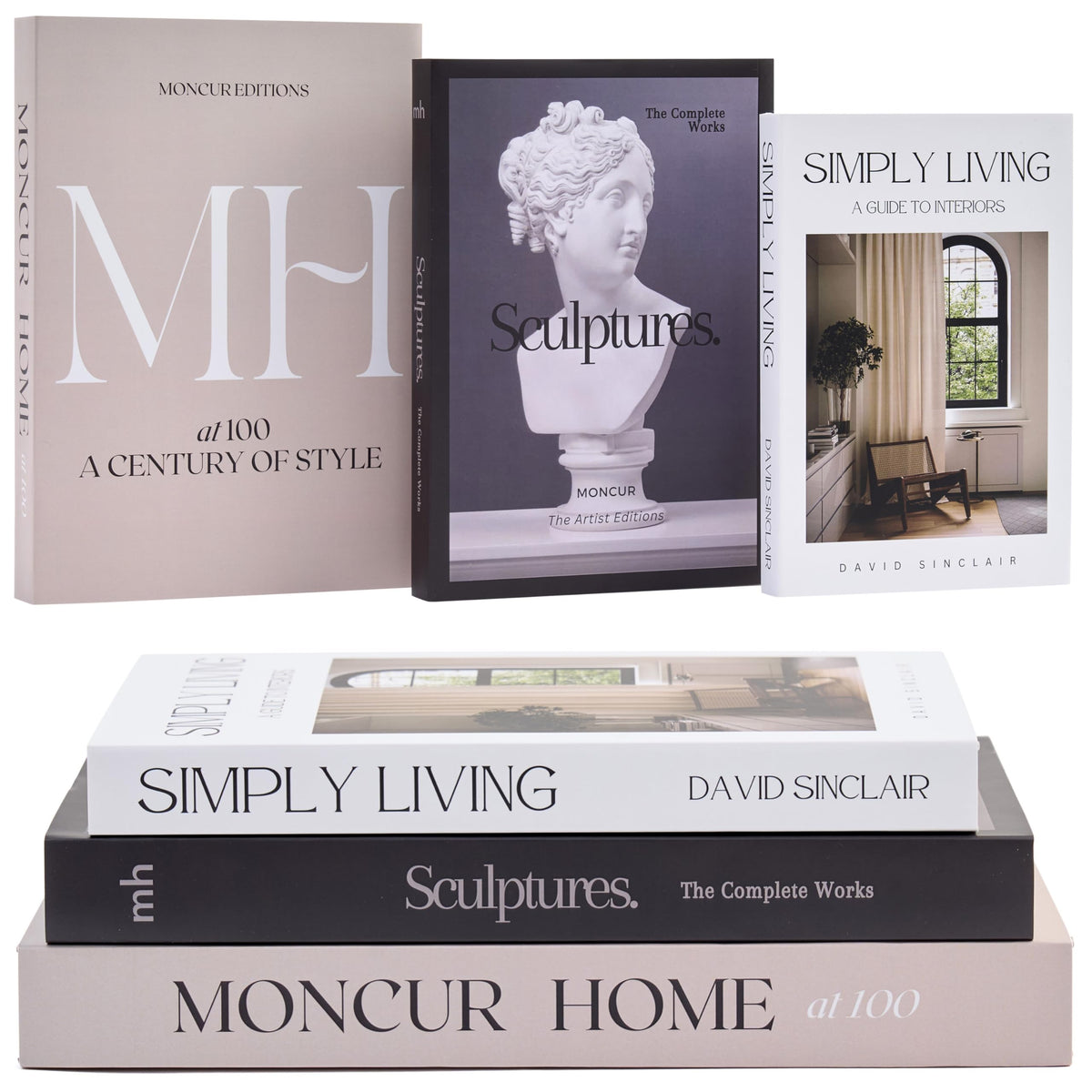 Moncur Home decorative books with gray covers create a chic, neutral shelf display.