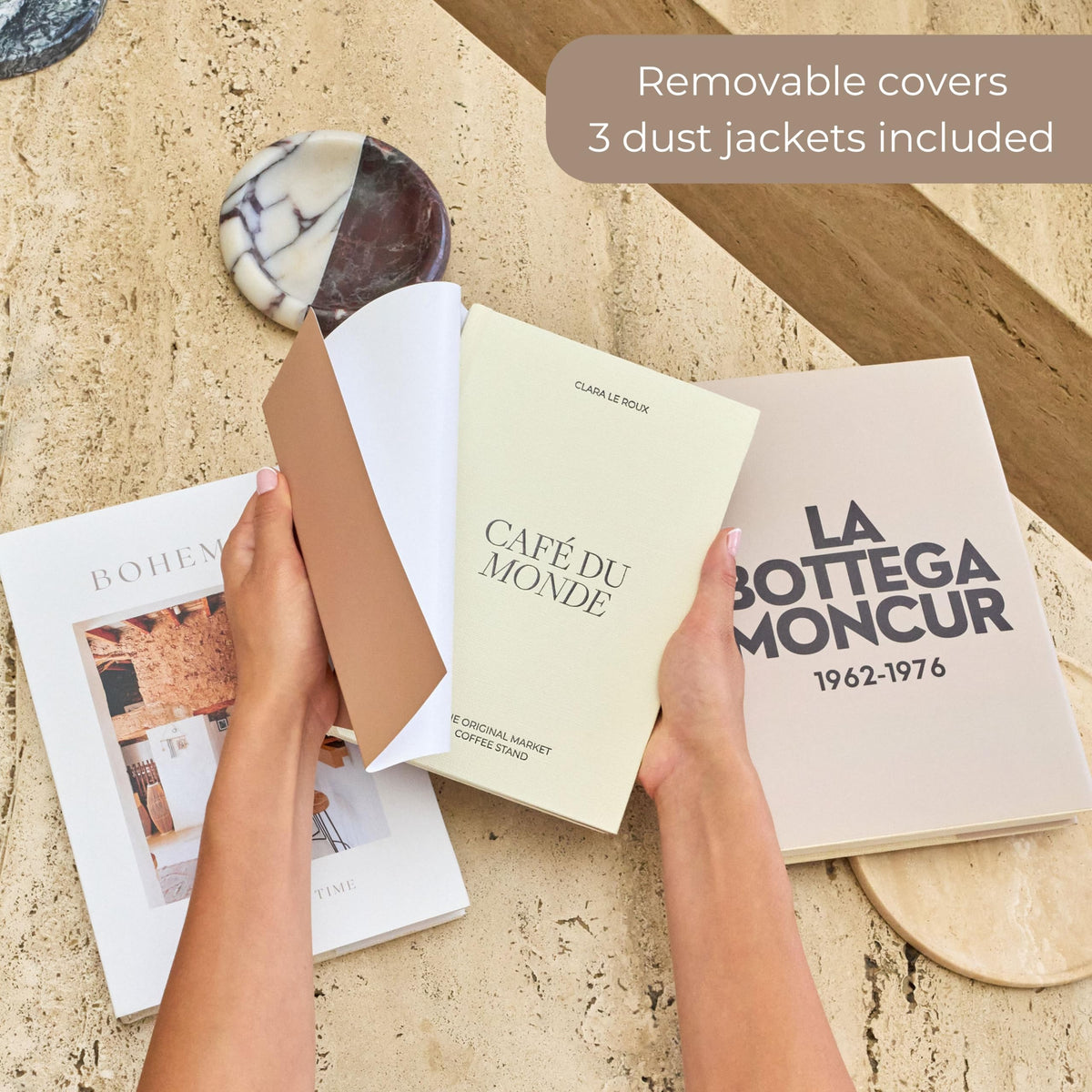 Moncur Home faux books with removable covers enable quick neutral styling updates.