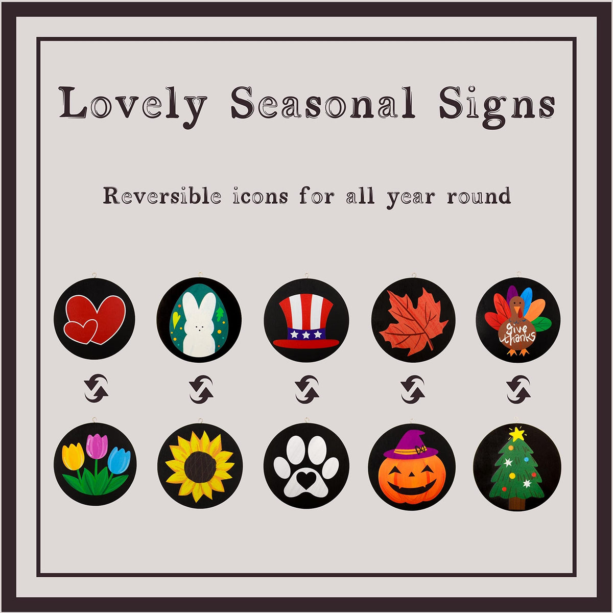 Monjita welcome sign features ten icons for festive front entry styling