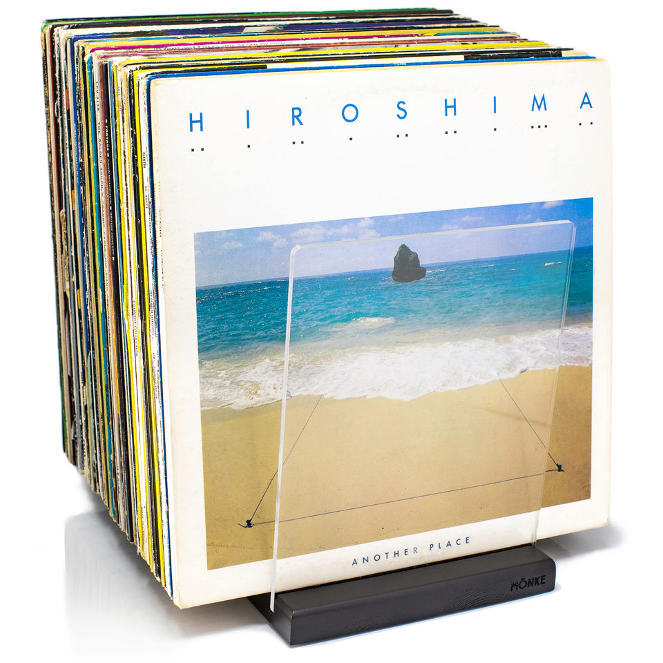 MÖNKE vinyl record rack top view keeps albums organized and within easy reach.