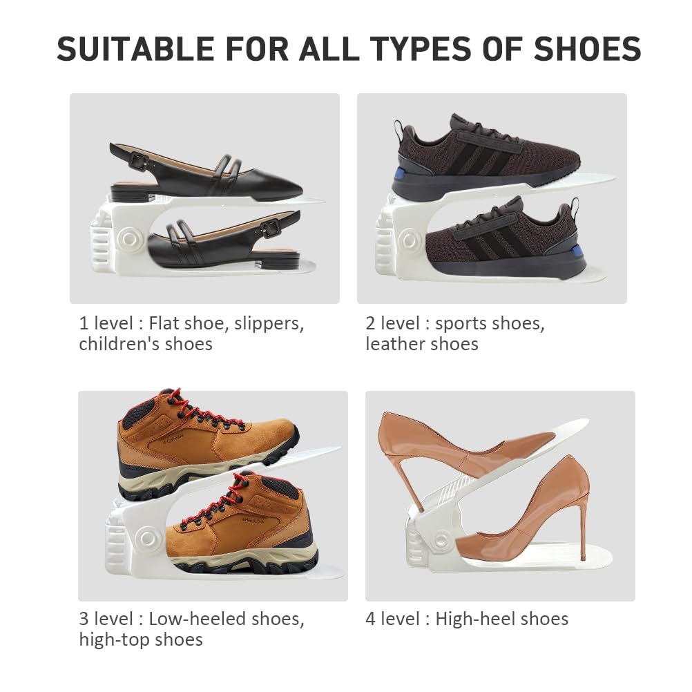 Monlity white shoe stackers visible on a shelf for a clean, cohesive look.